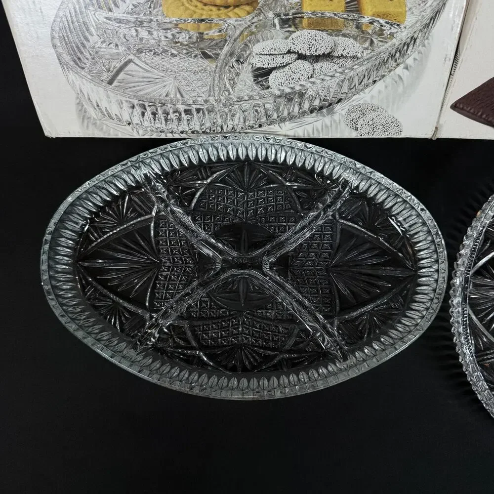 Lot of 2 Libbey Clarion Crystal Glass Serving Platters with Boxes 9 and 11 Inch